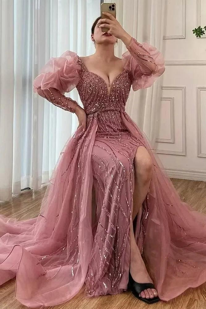 Pink Detachable Train Prom Dress Long Sleeve V Neck Beaded Formal Dress
