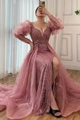 Pink Detachable Train Prom Dress Long Sleeve V Neck Beaded Formal Dress