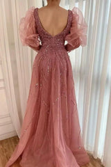 Pink Detachable Train Prom Dress Long Sleeve V Neck Beaded Formal Dress