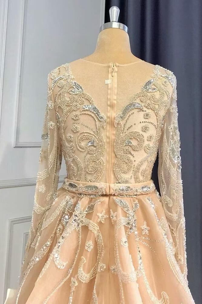 Pink Detachable Train Prom Dress Long Sleeve V Neck Formal Dress With Lace Appliques