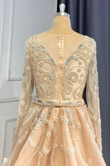 Pink Detachable Train Prom Dress Long Sleeve V Neck Formal Dress With Lace Appliques