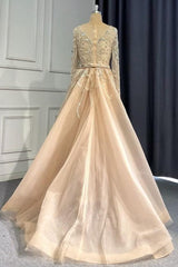 Pink Detachable Train Prom Dress Long Sleeve V Neck Formal Dress With Lace Appliques