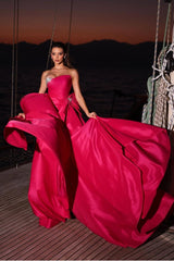 Pink Detachable Train Prom Dress Sleeveless Strapless Beaded Formal Dress