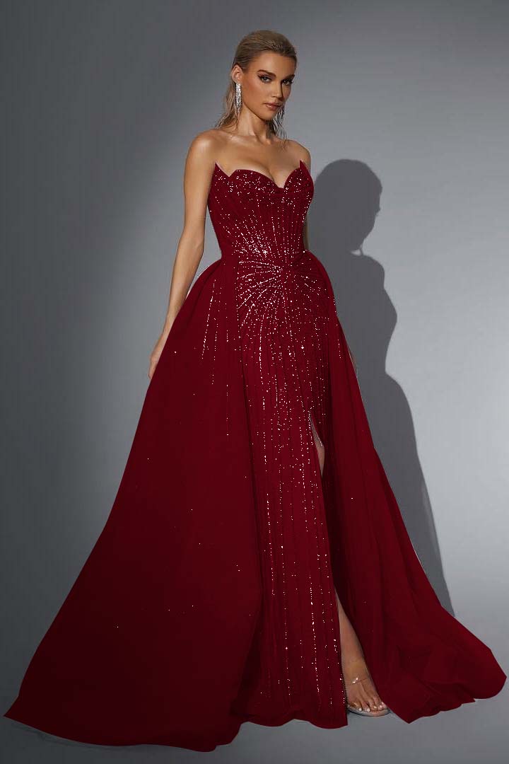 Pink Detachable Train Prom Dress Sleeveless Sweetheart Beaded Formal Dress