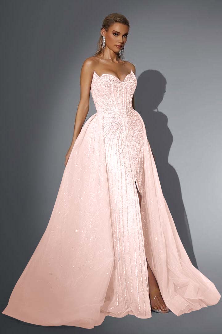 Pink Detachable Train Prom Dress Sleeveless Sweetheart Beaded Formal Dress