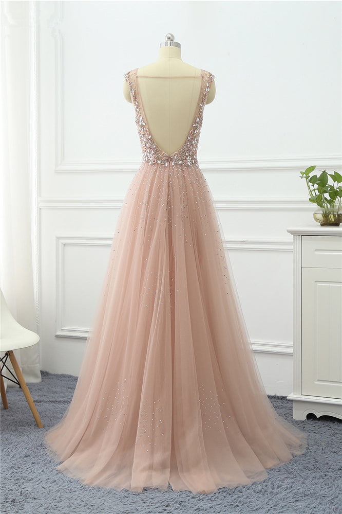 Pink Detachable Train Prom Dress Sleeveless V Neck Beaded Formal Dress