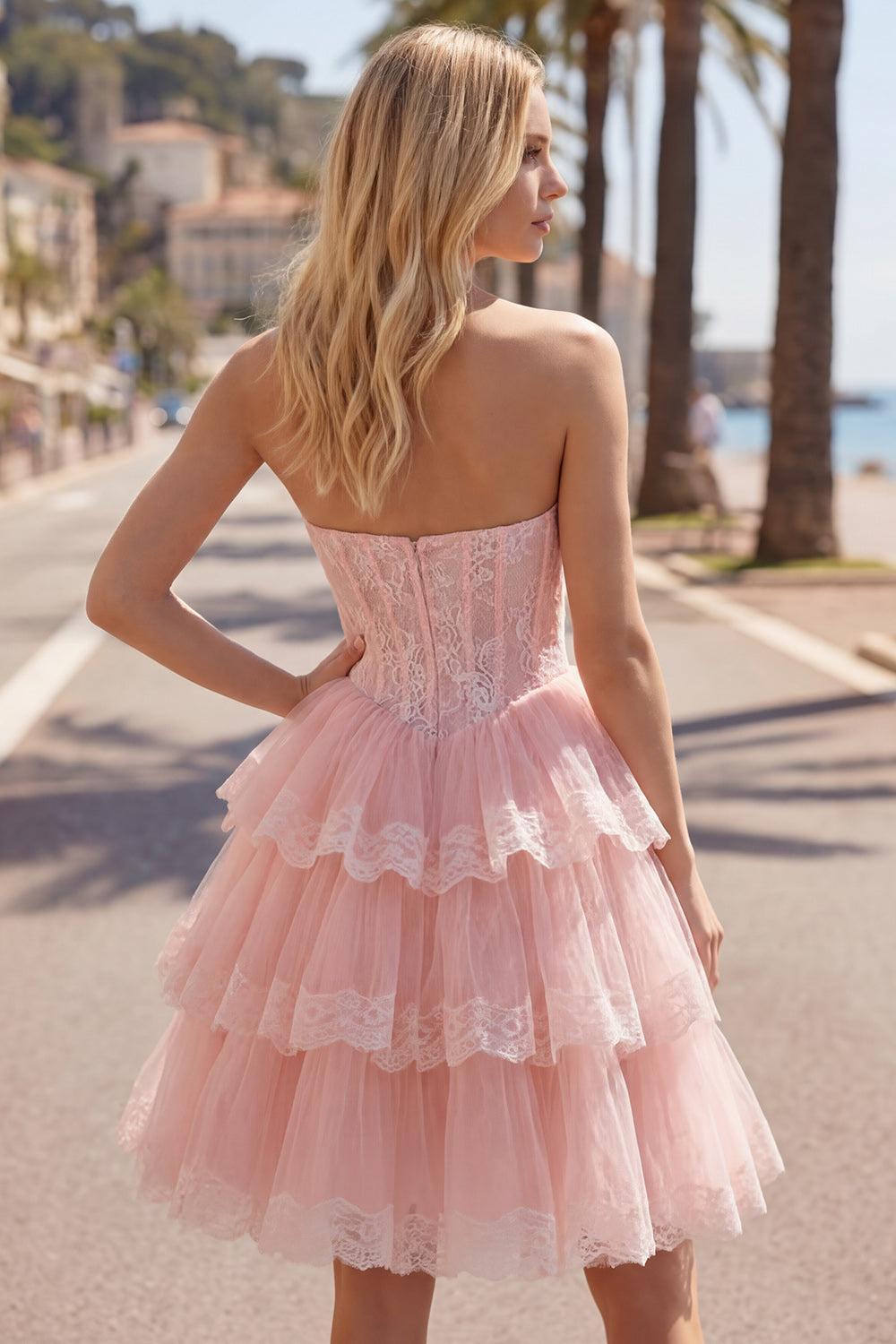 Pink Floral Corset Strapless Lace Short Homecoming Dress with Ruffles