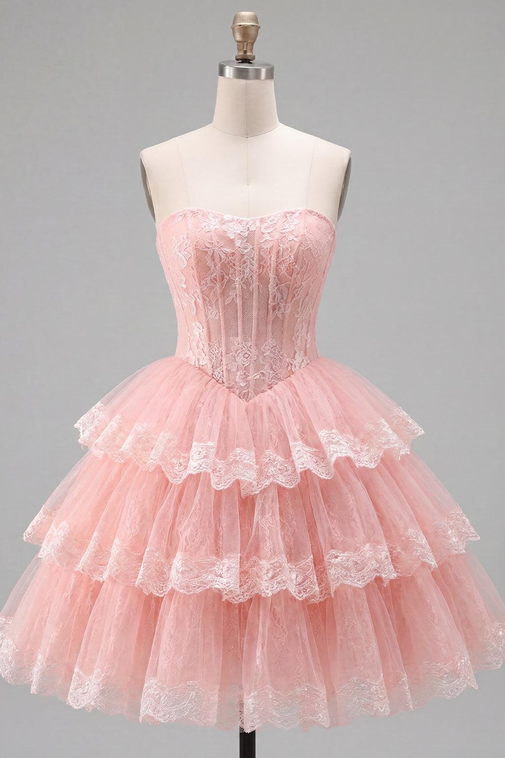 Pink Floral Corset Strapless Lace Short Homecoming Dress with Ruffles