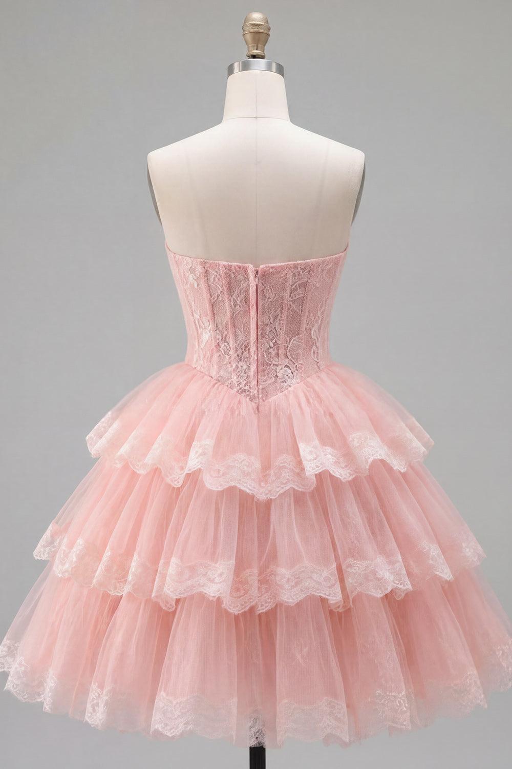 Pink Floral Corset Strapless Lace Short Homecoming Dress with Ruffles
