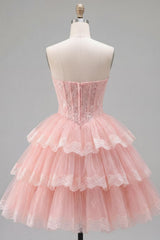 Pink Floral Corset Strapless Lace Short Homecoming Dress with Ruffles