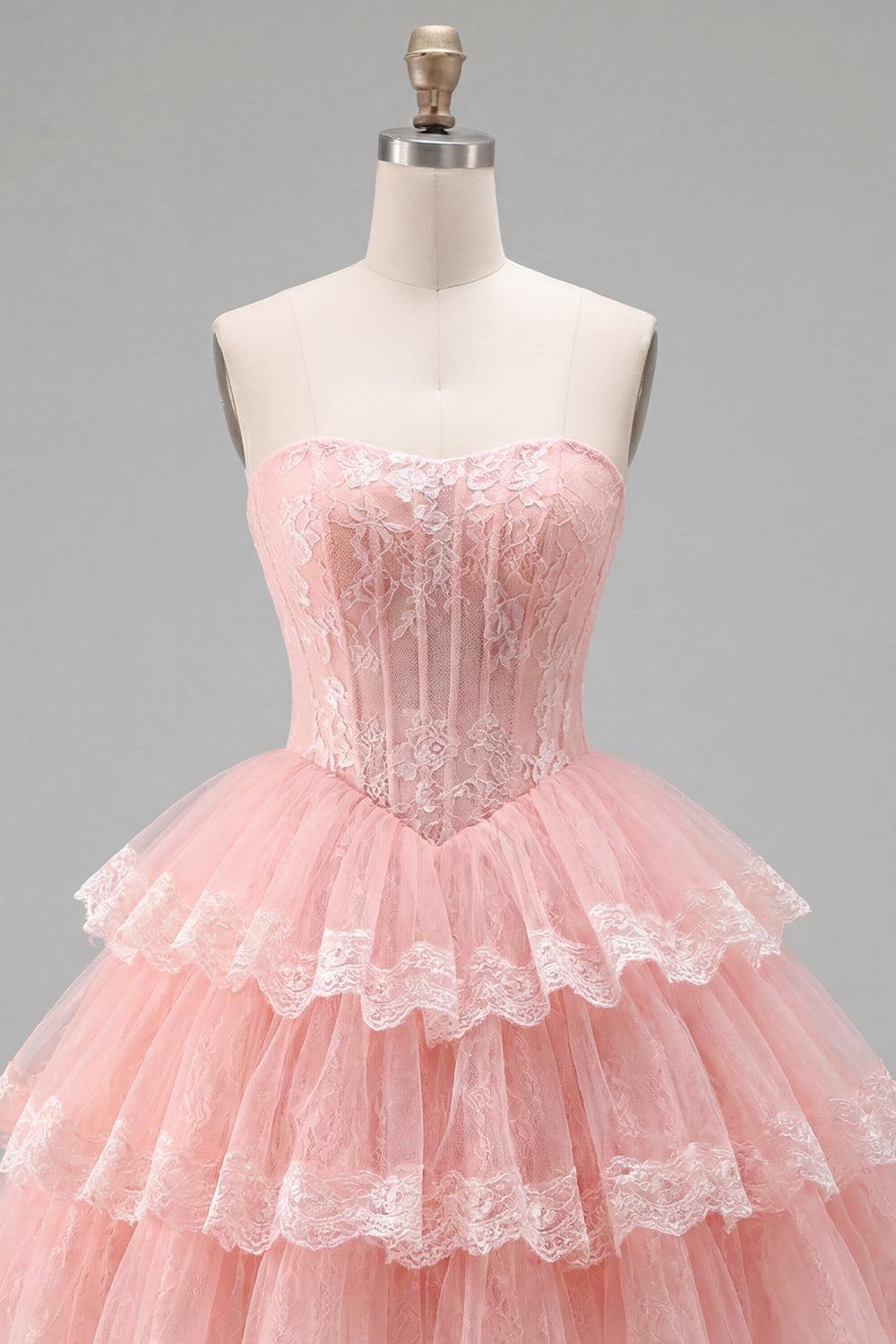Pink Floral Corset Strapless Lace Short Homecoming Dress with Ruffles