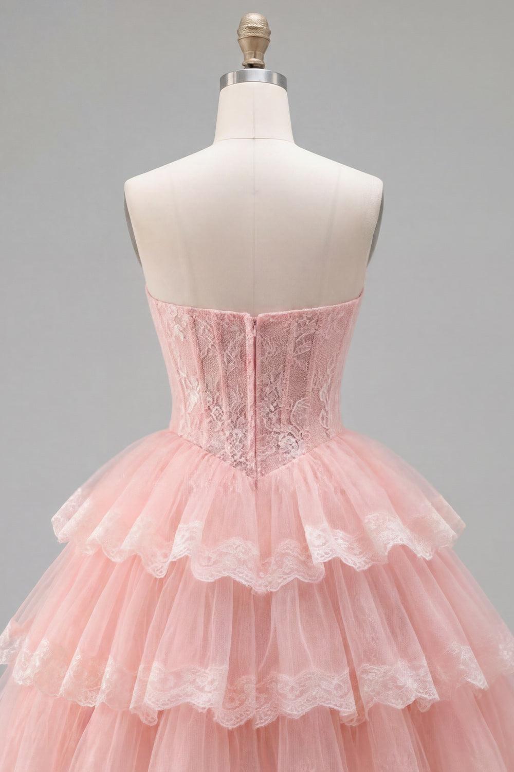 Pink Floral Corset Strapless Lace Short Homecoming Dress with Ruffles