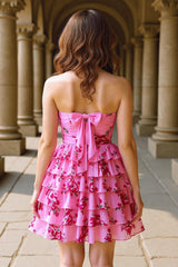 Pink Floral Homecoming Dresses Strapless Short Cocktail Dresses With Bow