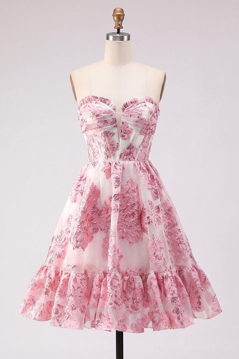 Pink Floral Jacquard Strapless Corset Short Homecoming Dress with Ruffles