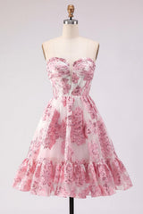 Pink Floral Jacquard Strapless Corset Short Homecoming Dress with Ruffles