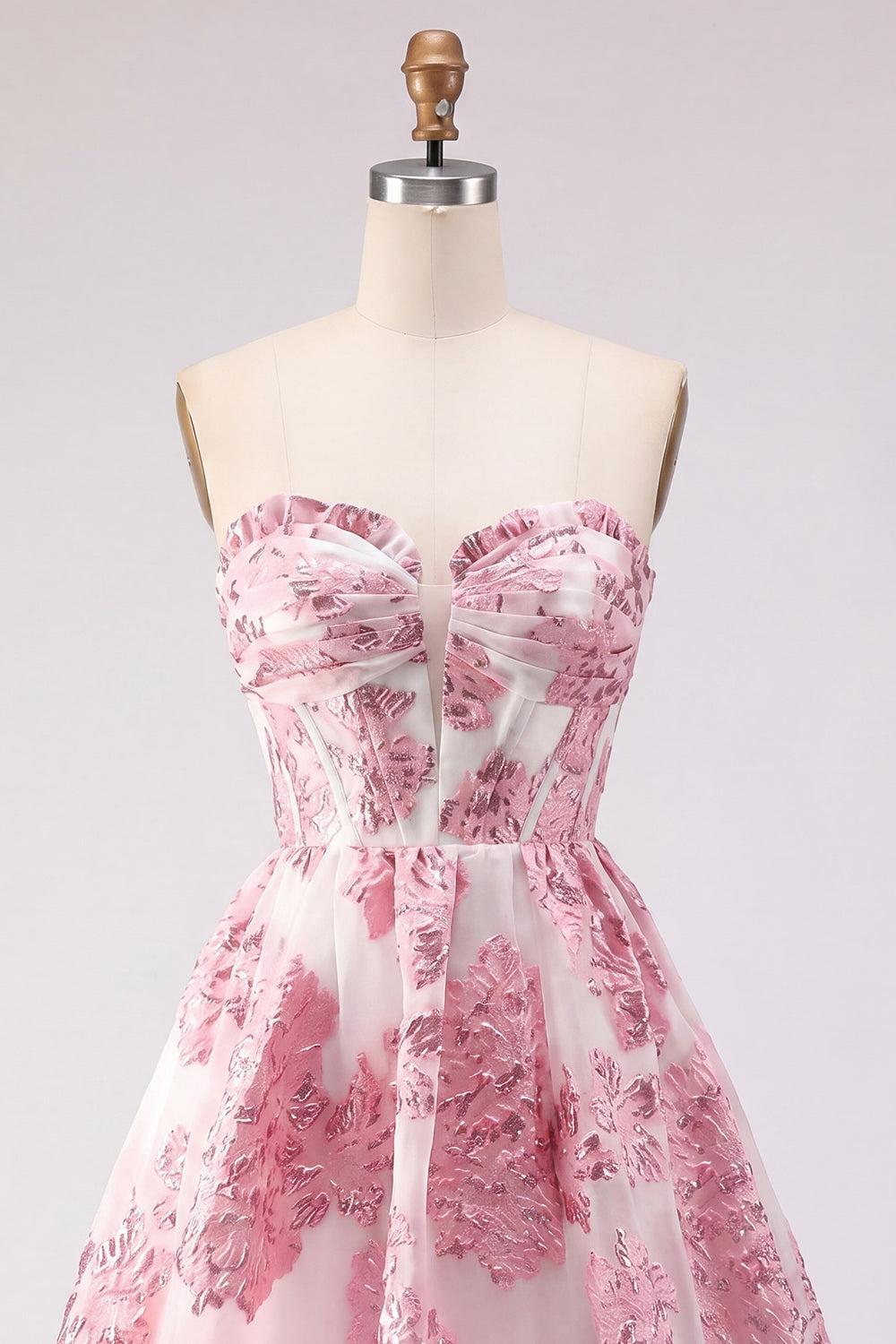 Pink Floral Jacquard Strapless Corset Short Homecoming Dress with Ruffles