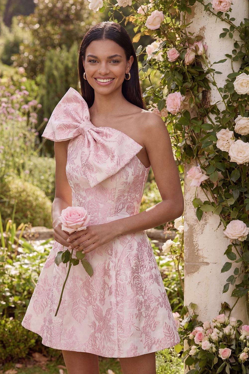 Pink Floral One Shoulder A-Line Short Cocktail Dress with Bow