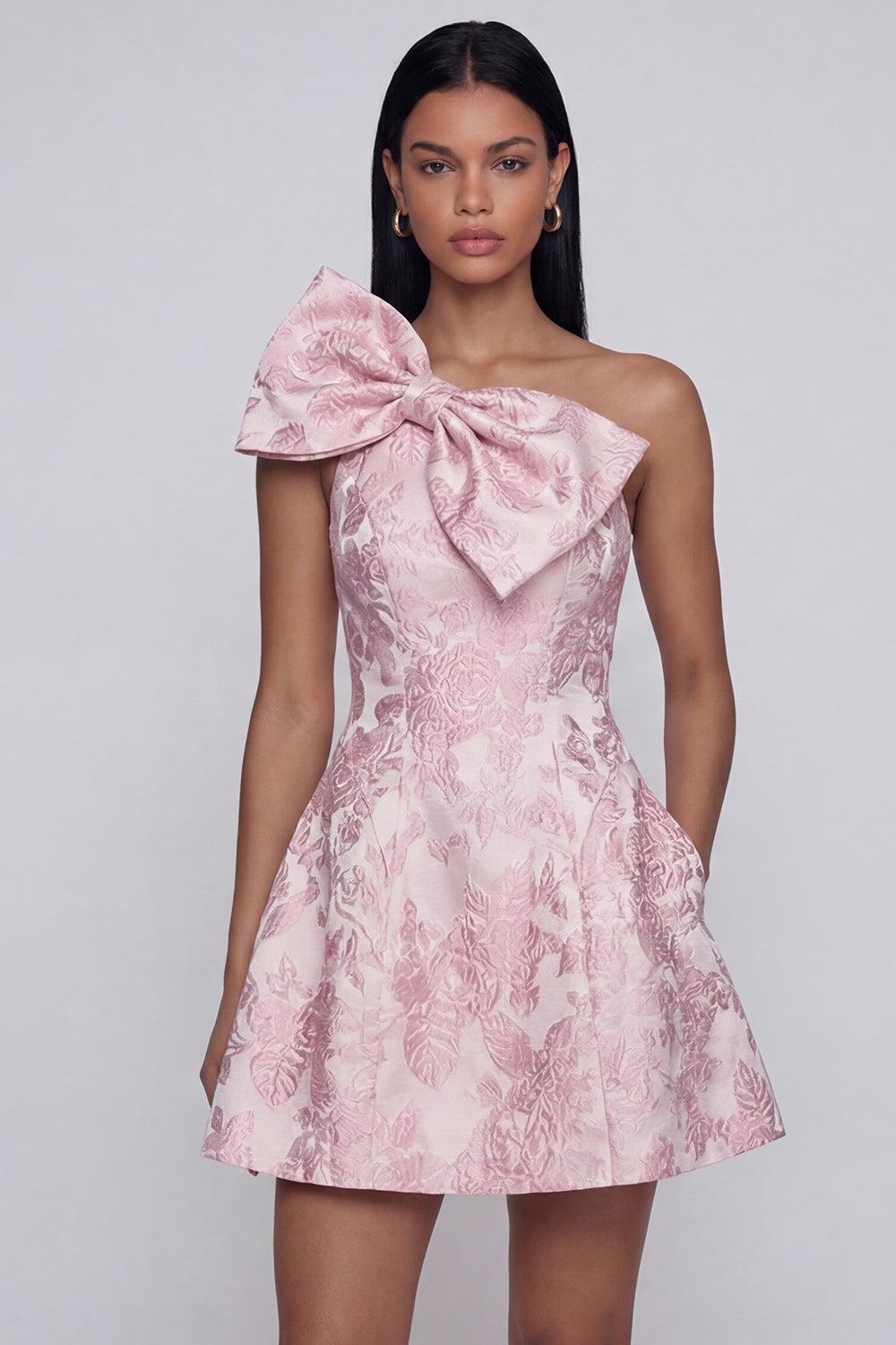 Pink Floral One Shoulder A-Line Short Cocktail Dress with Bow