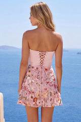 Pink Floral Short Corset Strapless Ruched A Line Homecoming Dress