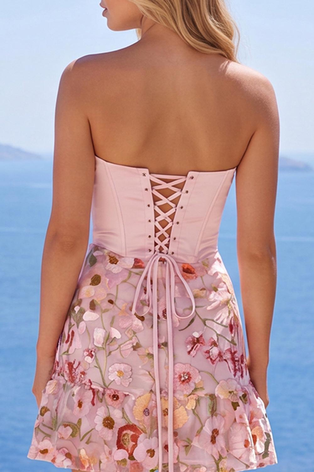 Pink Floral Short Corset Strapless Ruched A Line Homecoming Dress