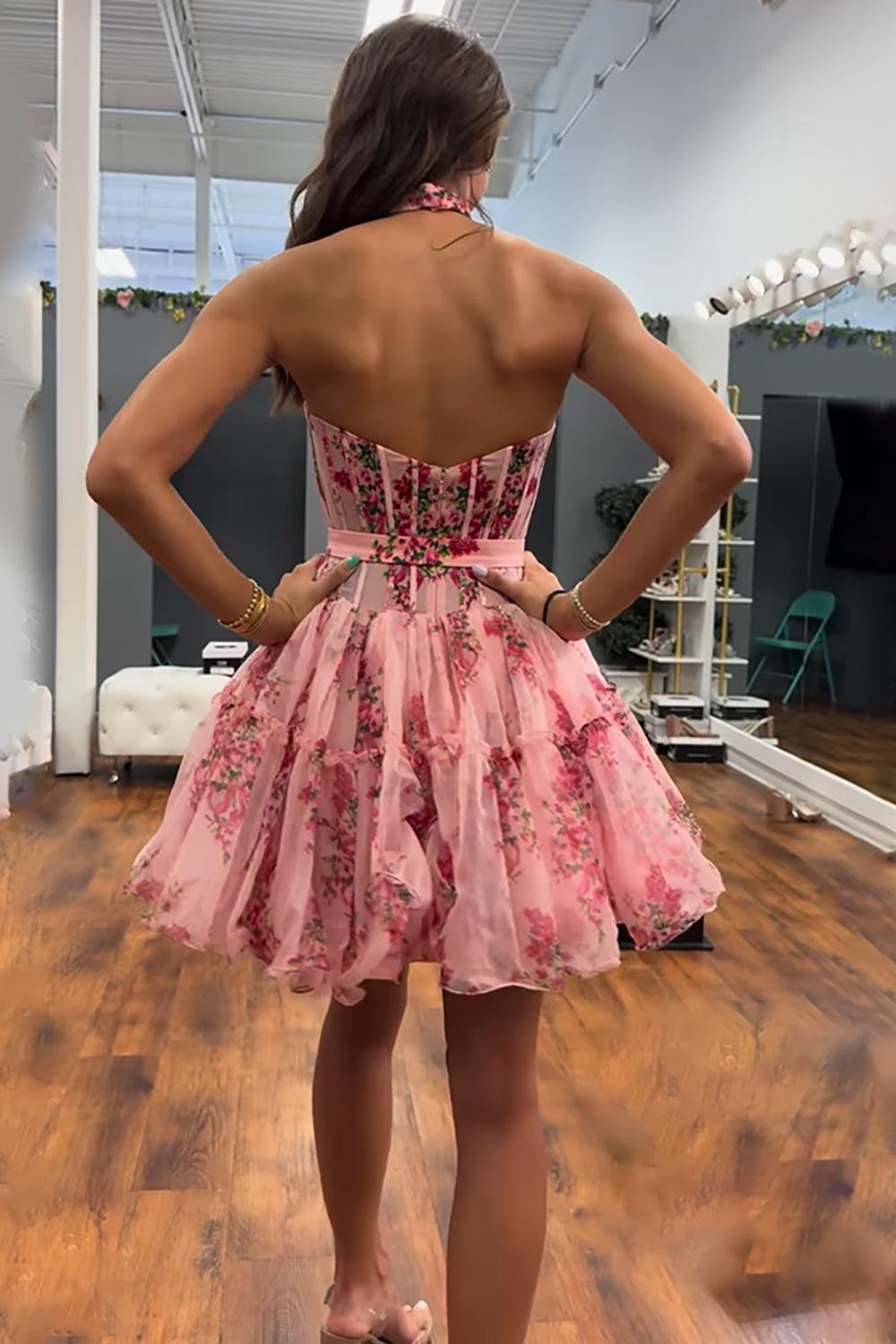 Pink Floral Strapless A-Line Corset Short Homecoming Dress with Ruffles