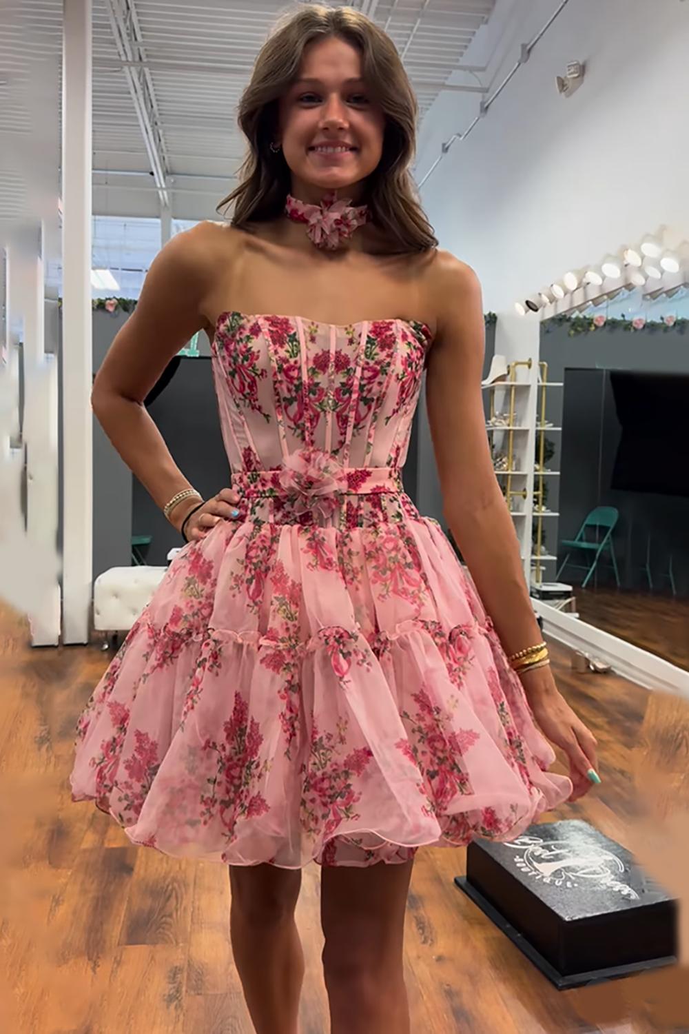 Pink Floral Strapless A-Line Corset Short Homecoming Dress with Ruffles
