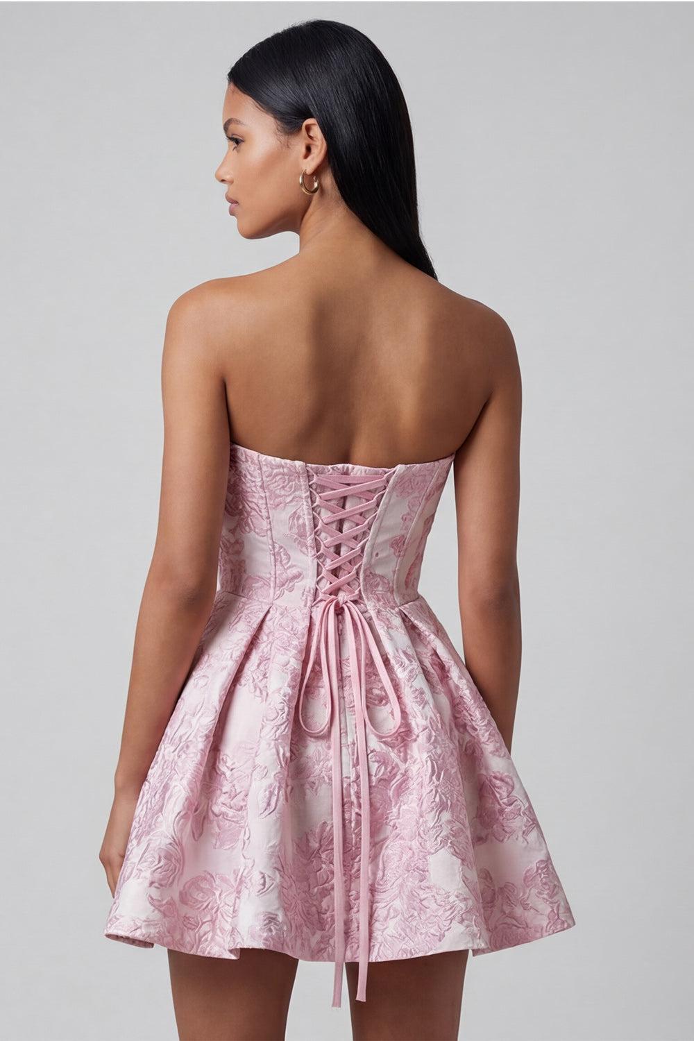 Pink Floral Strapless Ruffled A-Line Corset Short Cocktail Dress with Bow