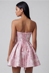 Pink Floral Strapless Ruffled A-Line Corset Short Cocktail Dress with Bow