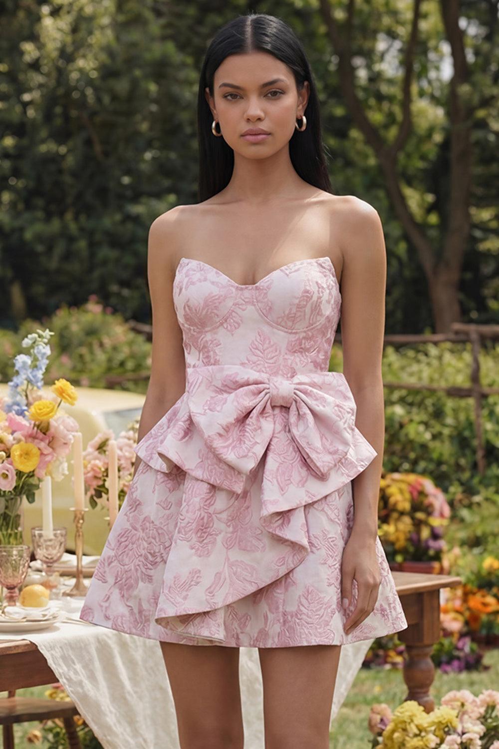 Pink Floral Strapless Ruffled A-Line Corset Short Cocktail Dress with Bow