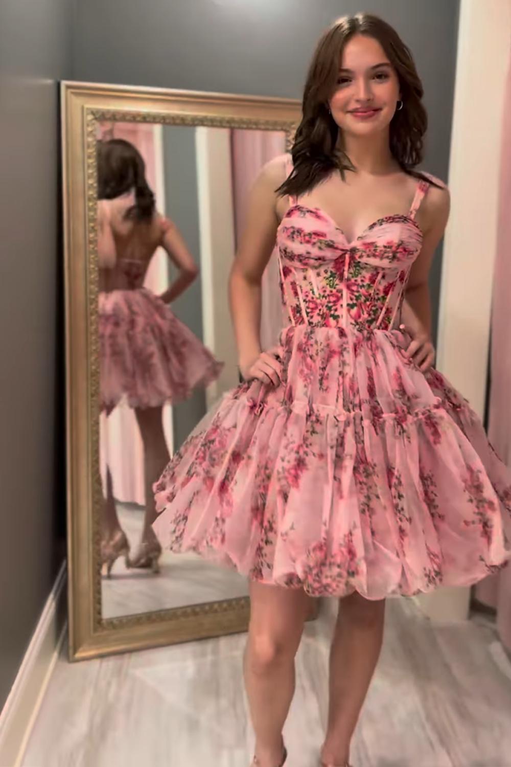 Pink Floral Sweetheart Corset Tulle Short Homecoming Dress