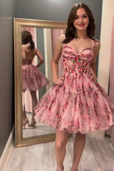 Pink Floral Sweetheart Corset Tulle Short Homecoming Dress