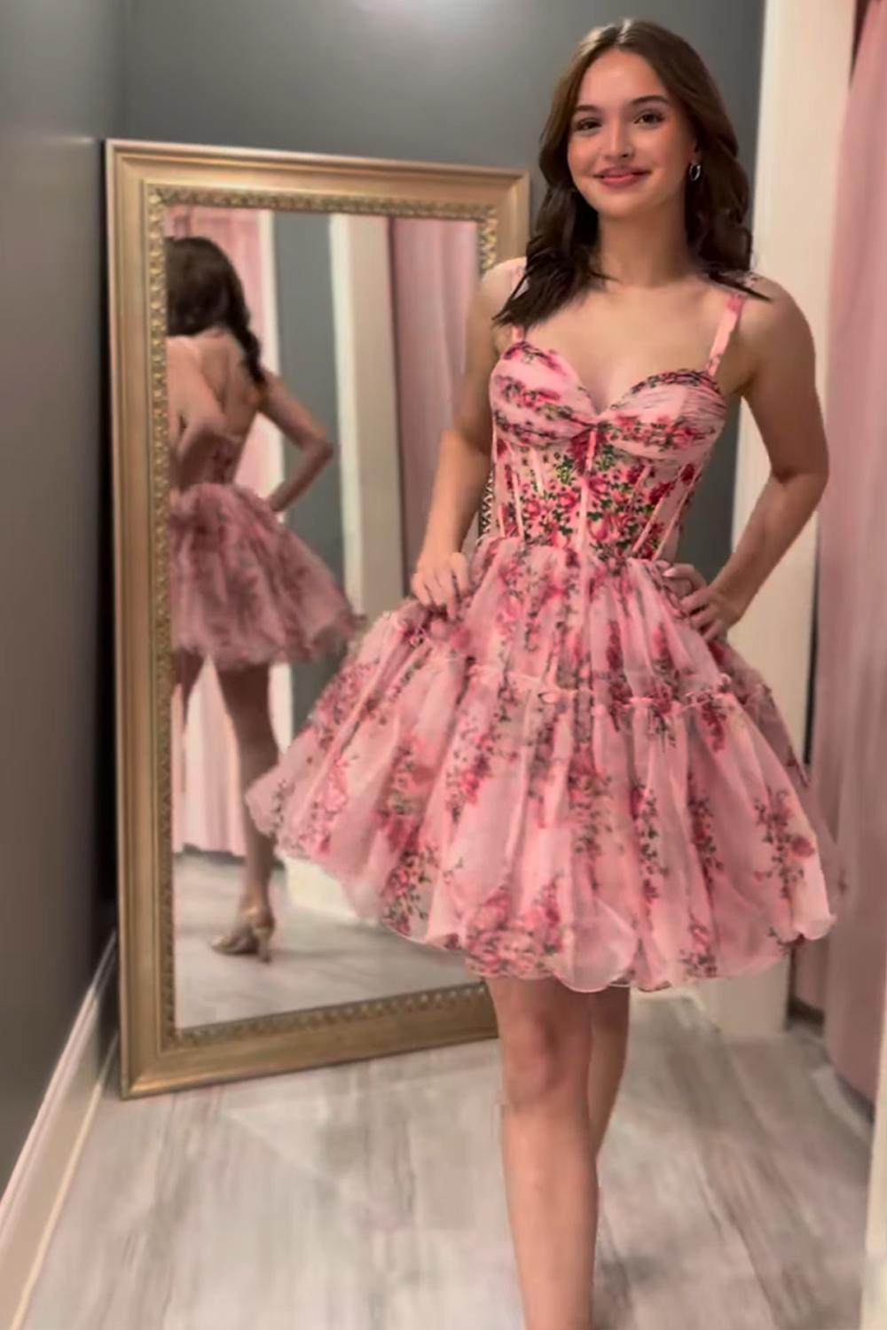 Pink Floral Sweetheart Corset Tulle Short Homecoming Dress