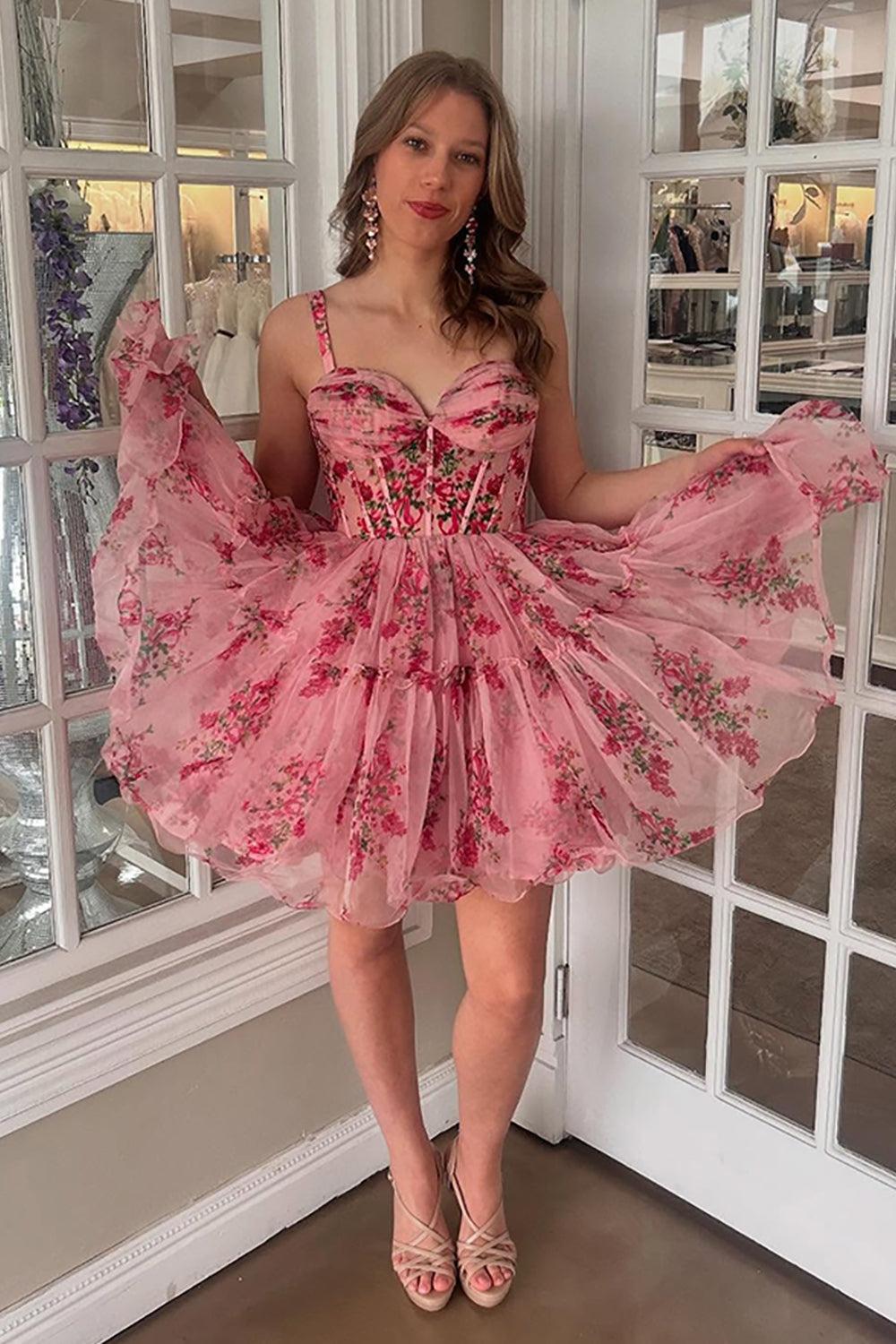 Pink Floral Sweetheart Corset Tulle Short Homecoming Dress