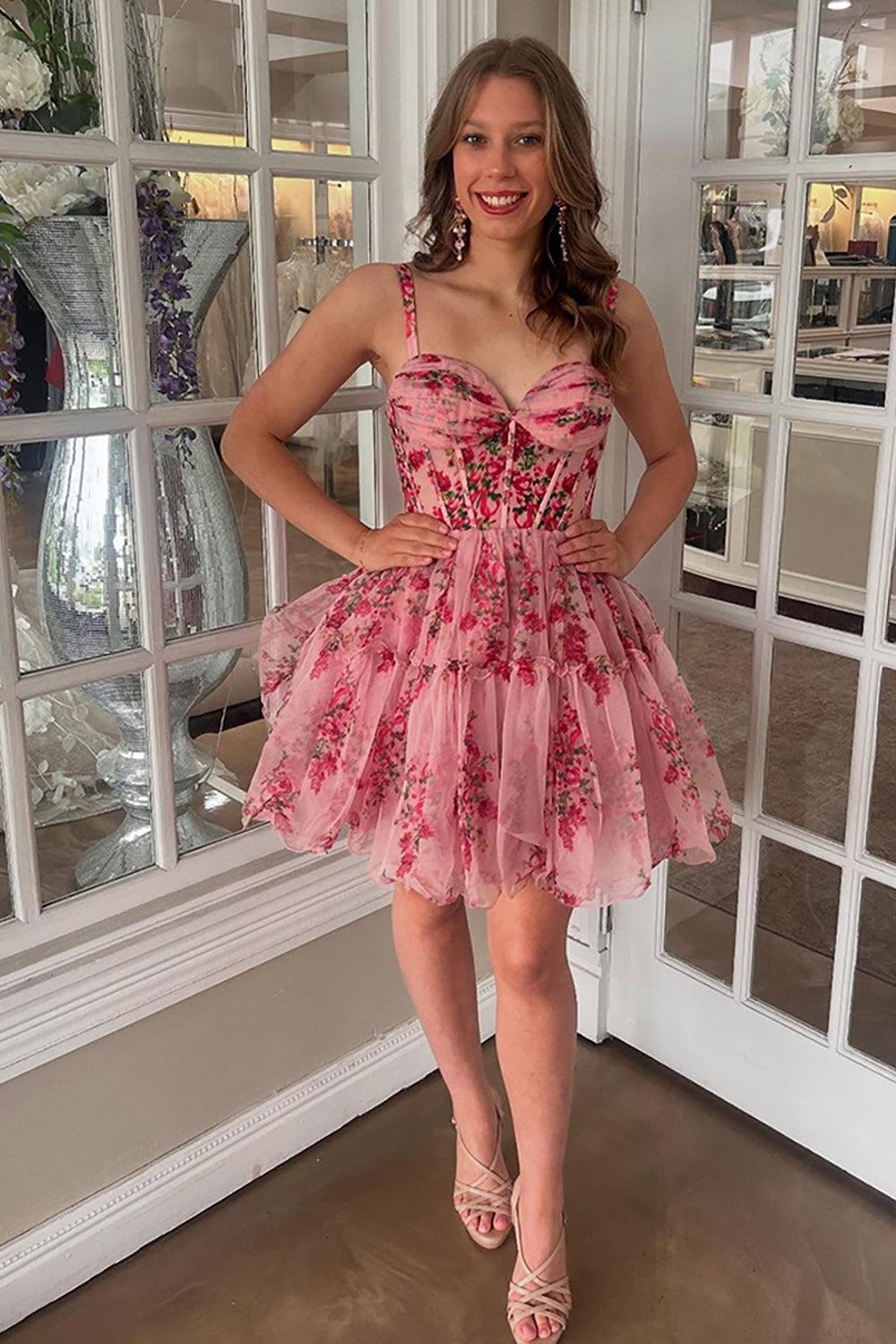 Pink Floral Sweetheart Corset Tulle Short Homecoming Dress
