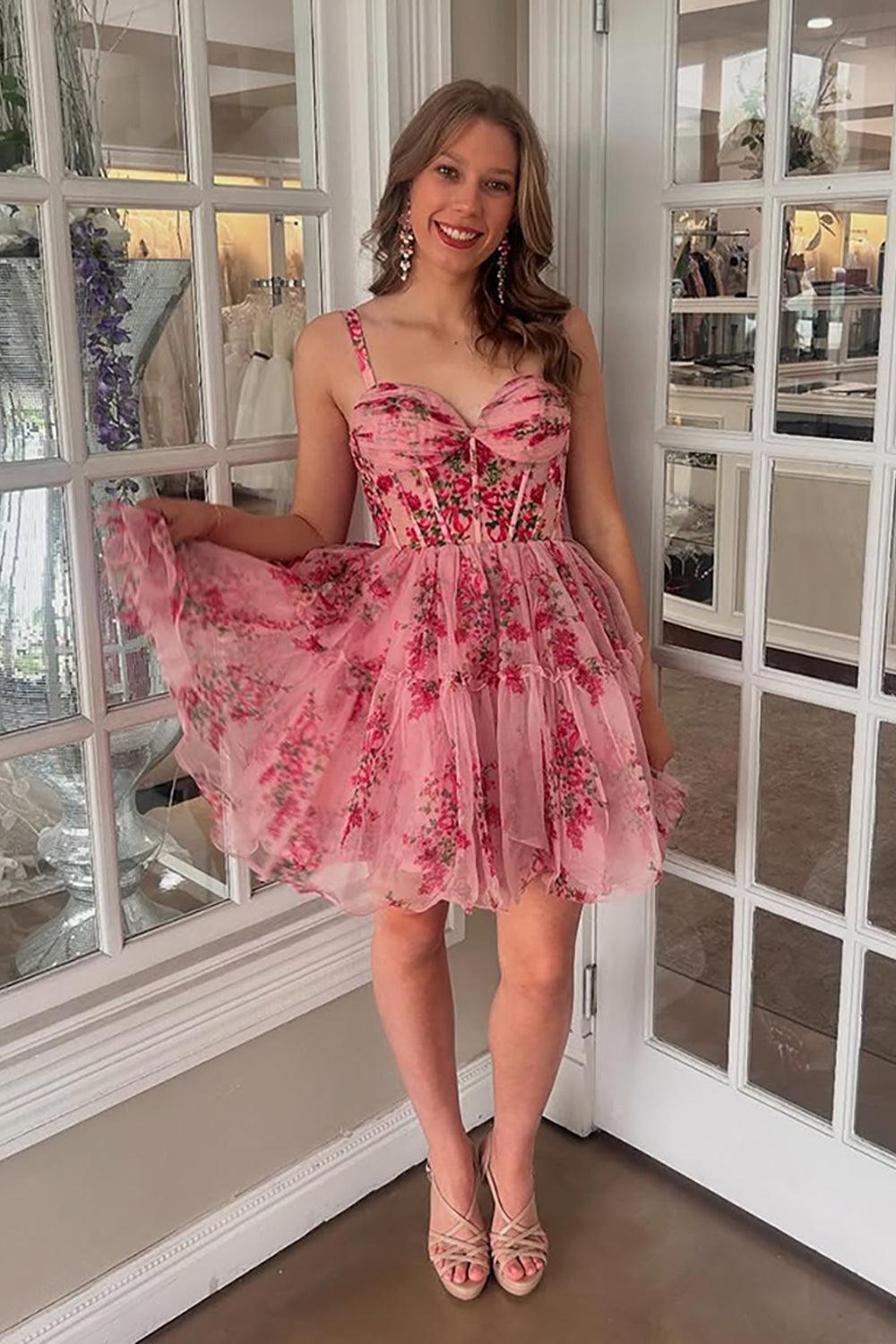 Pink Floral Sweetheart Corset Tulle Short Homecoming Dress