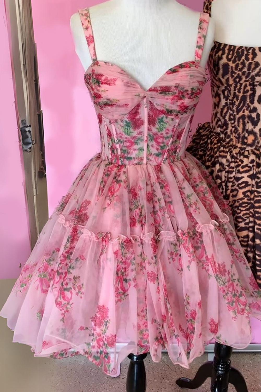 Pink Floral Sweetheart Corset Tulle Short Homecoming Dress