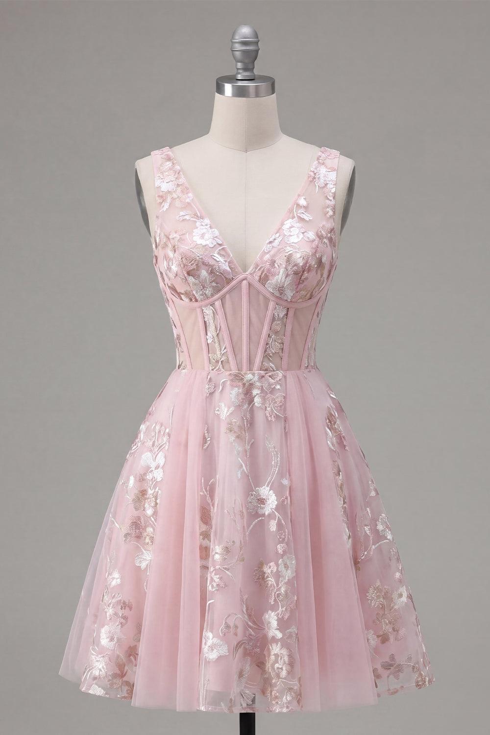 Pink Floral V-Neck A Line Short Corset Homecoming Dress