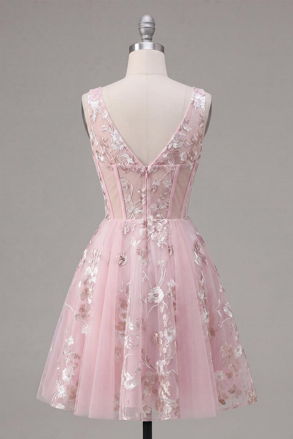 Pink Floral V-Neck A Line Short Corset Homecoming Dress