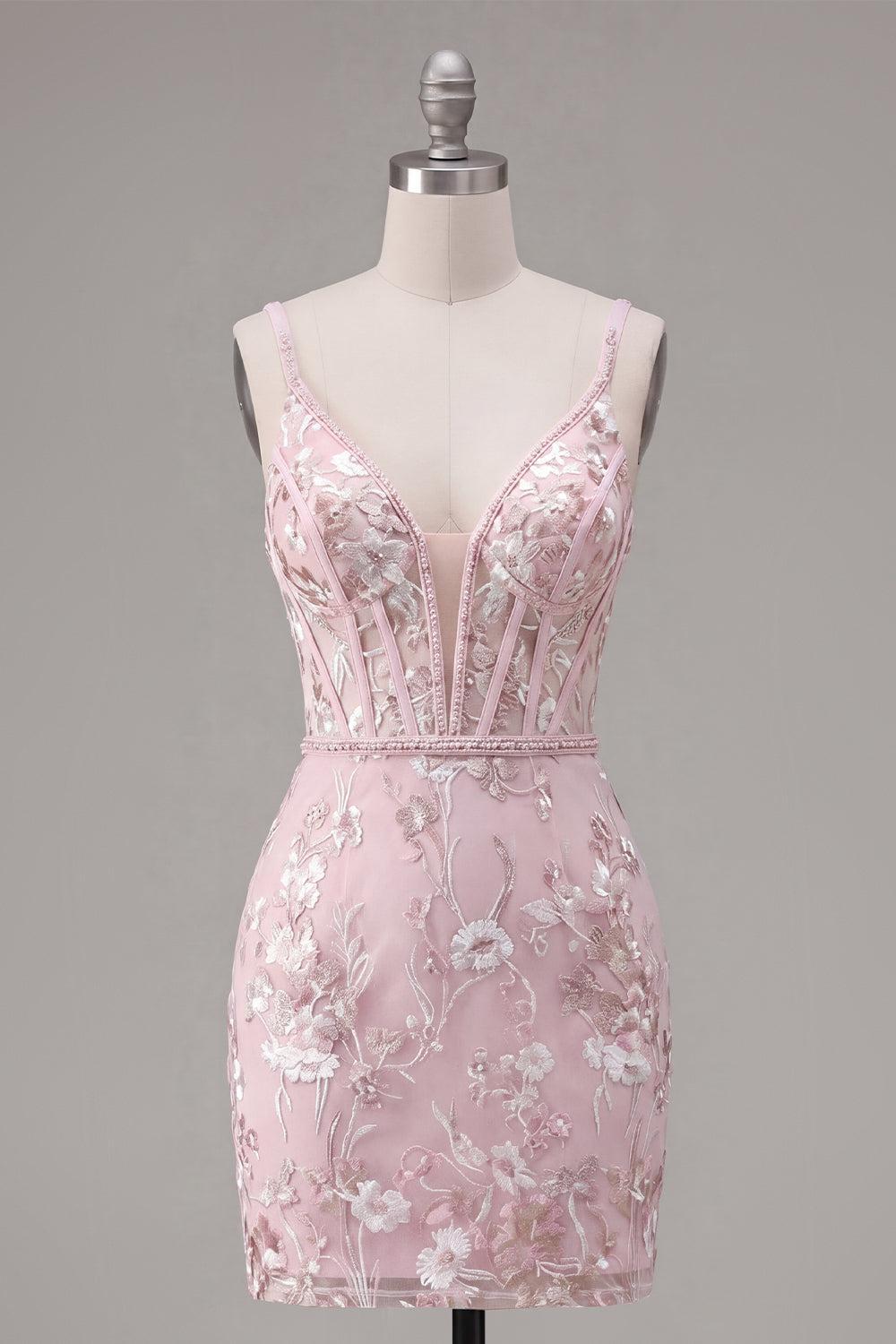 Pink Floral V-Neck Tight Short Corset Homecoming Dress with Beading