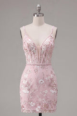 Pink Floral V-Neck Tight Short Corset Homecoming Dress with Beading