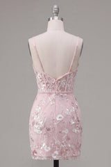 Pink Floral V-Neck Tight Short Corset Homecoming Dress with Beading