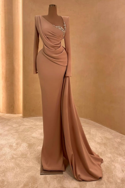 Pink Formal Dress Asymmetrical Sleeves Panel Train Satin Column Evening Dress