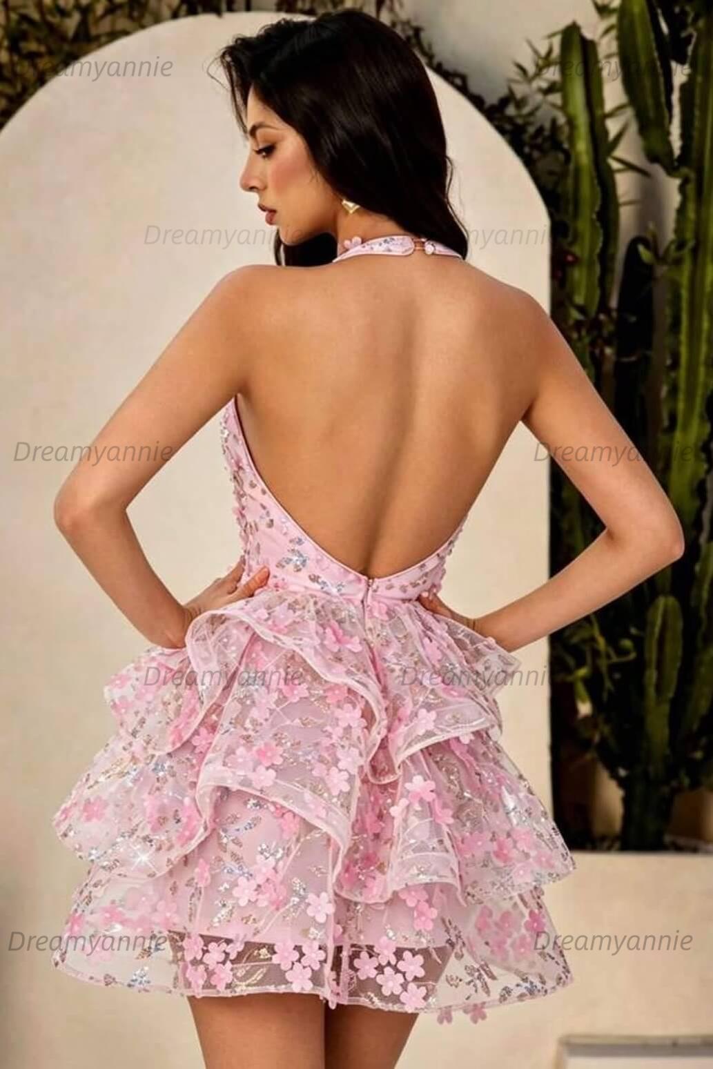 Pink Halter Deep V Corset Homecoming Dress with 3D Flowers & Tiered Tulle Skirt
