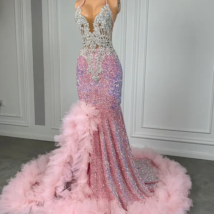 Pink Halter Mermaid Formal Dress Sequined Tulle Ruffled Prom Dress