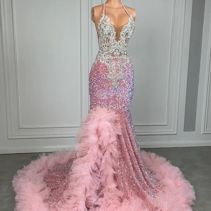 Pink Halter Mermaid Formal Dress Sequined Tulle Ruffled Prom Dress