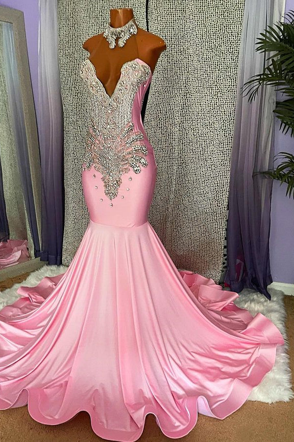 Pink Halter Mermaid Prom Dress with Rhinestone Appliques