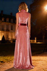 Pink High Neck A-Line Long Velvet Holiday Party Dress With Belt