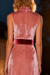 Pink High Neck A-Line Long Velvet Holiday Party Dress With Belt