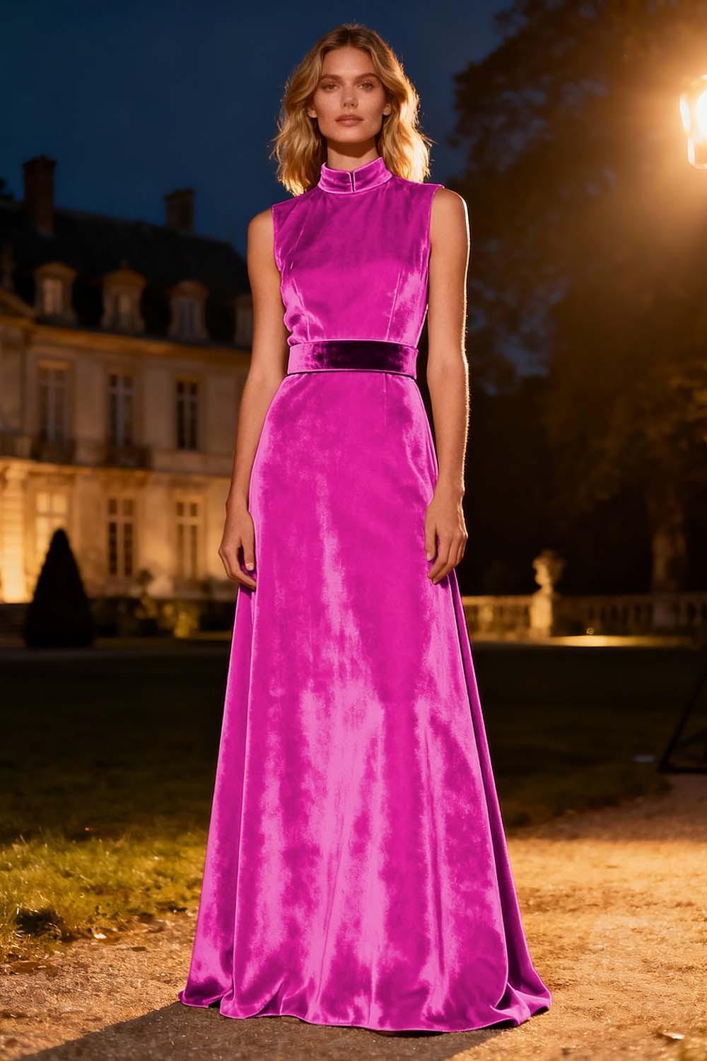 Pink High Neck A-Line Long Velvet Holiday Party Dress With Belt