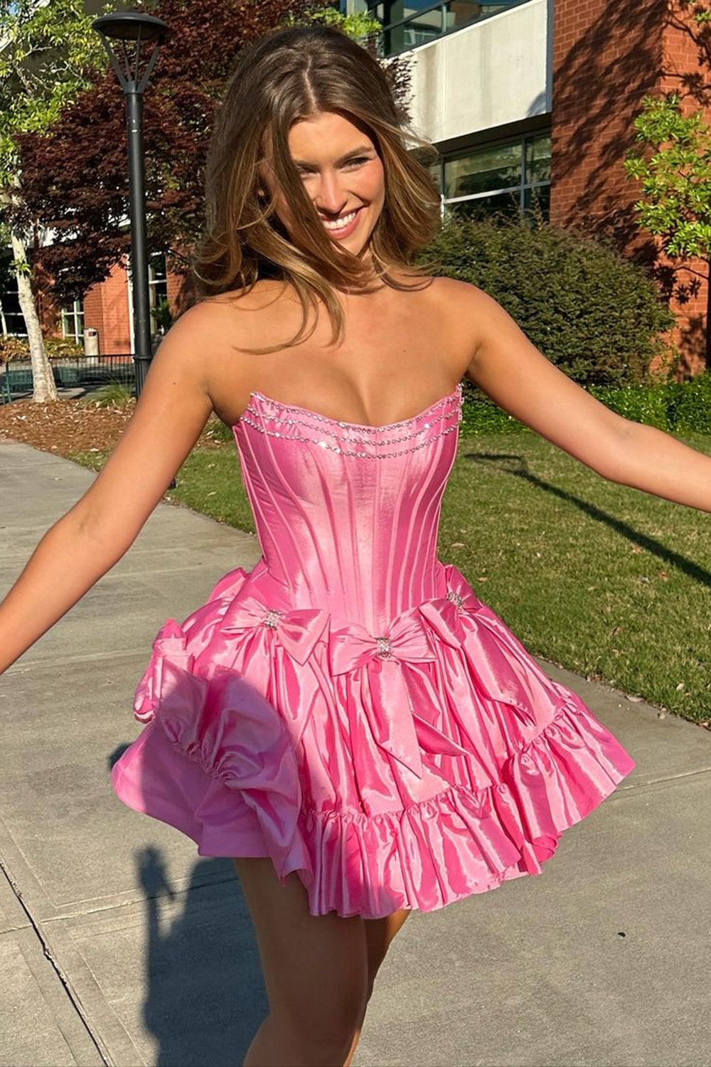 Pink Homecoming Dress A Line Corset Strapless Short Cocktail Dresses With Bows